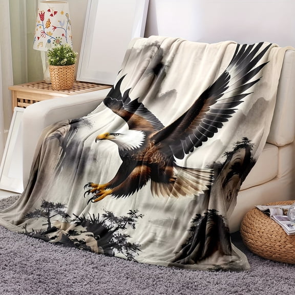 Eagle Print Contemporary Throw Blanket Geometric Pattern Animal Theme Multipurpose All Season Use Knitted Cozy Soft Touch for Outdoor Camping Sofa Office Living Room Decor.