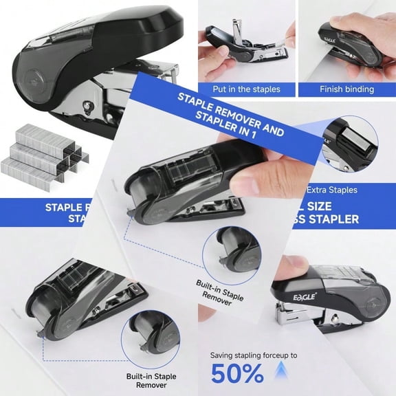 Eagle Reduced Effort Mini Stapler Maximum 20 Sheets Capacity with 1000 Staples 50 L Effort Built-in Staple Remover and Staples Storage Black