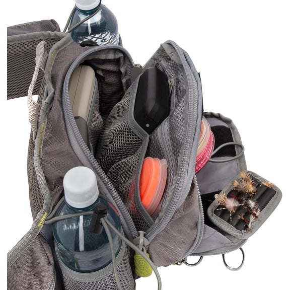 Eagle River Lumbar Fly Fishing Pack - Holds 6 Fly Boxes, Zip-Down Workstation, Waist Bottle Pockets, Outdoor Waist Pack - Gray/Lime and Olive Green