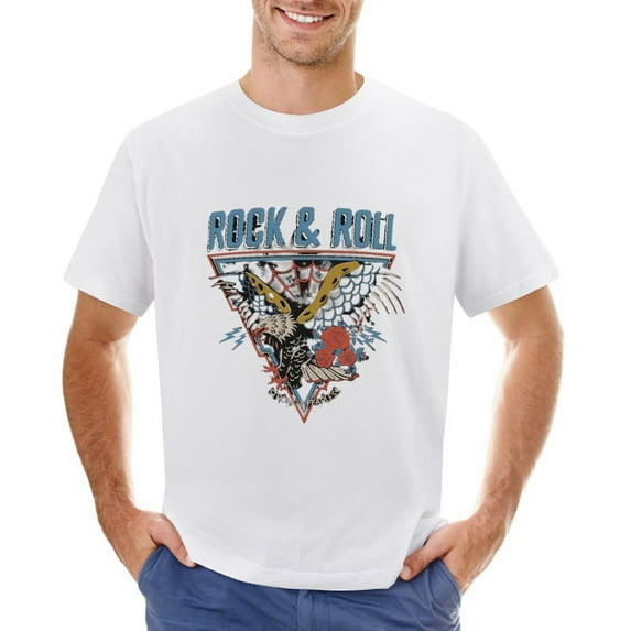 Eagle Rock And Roll Print Design Strong Fearless Men’s Graphic T-shirt Vintage Short Sleeve Sport Tee White 5XL