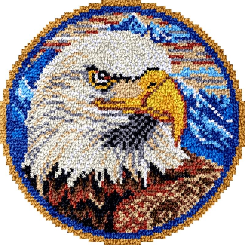 Eagle Round Shape Latch Hook Rug Kits Set for Starter Crochet Hook Cushion Mat Sofa Seat Cushion Crocheting Kits with Preprinted Canvas Crochet Yarn Kits 50X50CM (fi9)