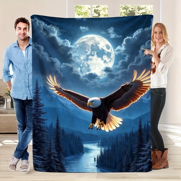 Eagle Series Flannel Blanket Plush Soft All Season Throw with Moonlit Eagle Mountain Night Sky Design Deep Blue Golden Couch Cover Camping Home Decor Durable Eagle Print Blanket