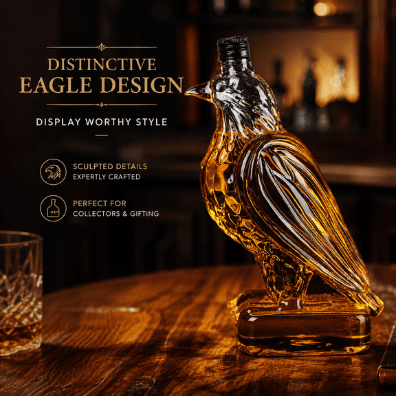 Eagle Shaped Whiskey Decanter, Hand Blown Borosilicate Glass Bottle, Lead Free Liquor Vessel, Equipped with Head Stopper, Elegant Bar Decor and Premium Gift for Adult Use, Clear