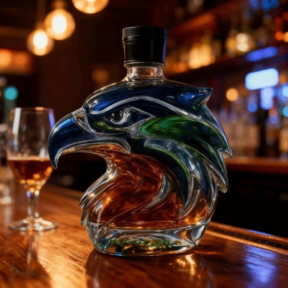 Eagle Shaped Whiskey Decanter, Handcrafted Glass Liquor Bottle with Crown or Red Seal Cap, 5.3 x 5.1 x 2.36 Inch Decorative Spirits Container (Crown)