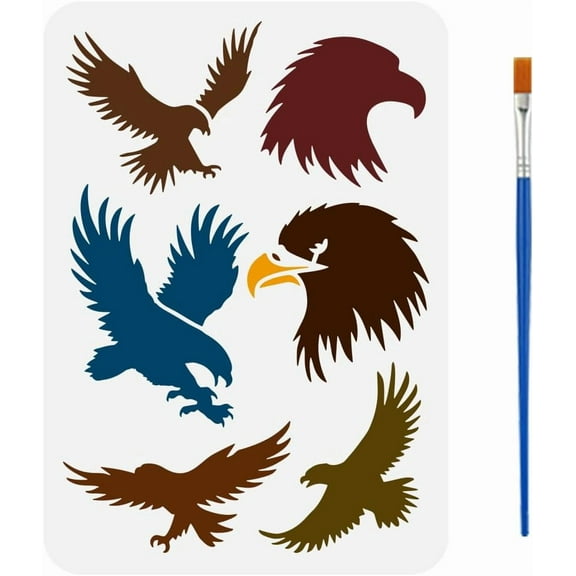 Eagle Silhouette Stencil with Brush 8.3x11.7inch Decorative Flying Eagle Template Hollowed Eagle Head Pattern Stencil Animal Theme Template
