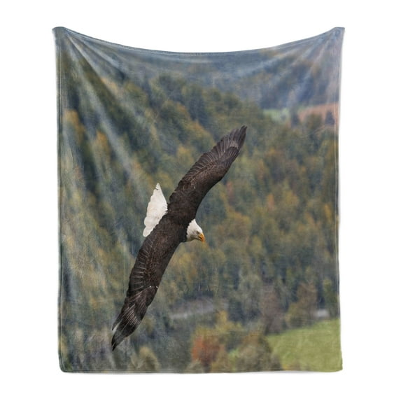 Eagle Soft Flannel Fleece Throw Blanket, King of Skies Flying over the Forest and Mountains United States, Cozy Plush for Indoor and Outdoor Use, 60" x 80", Green Dark Brown White, by Ambesonne