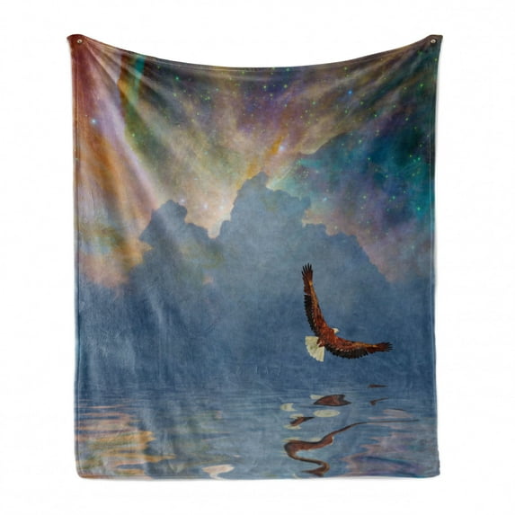 Eagle Soft Flannel Fleece Throw Blanket, Majestic Huge Bird Flying Above the Sea into the Starry Sky Freedom Themed Image, Cozy Plush for Indoor and Outdoor Use, 50" x 70", Multicolor, by Ambesonne