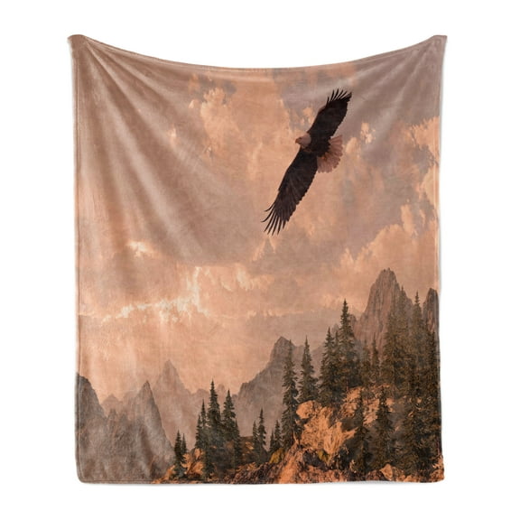 Eagle Soft Flannel Fleece Throw Blanket, Nature Photography of Rocky Mountains and Forest a Bird Flying over It, Cozy Plush for Indoor and Outdoor Use, 60" x 80", Rose Green, by Ambesonne