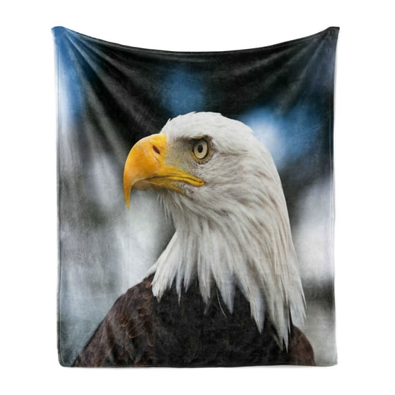 Eagle Soft Flannel Fleece Throw Blanket, Photo of the Head of Freedom in America with Blurred Background, Cozy Plush for Indoor and Outdoor Use, 70" x 90", Dark Brown Marigold Blue, by Ambesonne