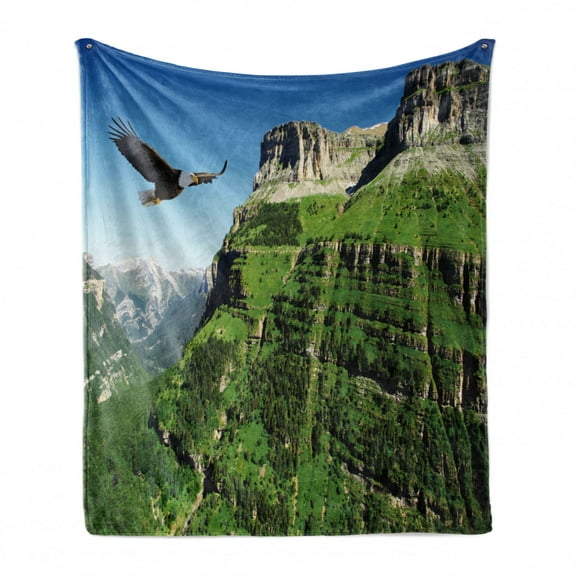 Eagle Soft Flannel Fleece Throw Blanket, Wild Majestic Bird Flying Landscapes Green Mountains Forest Nature Image, Cozy Plush for Indoor and Outdoor Use, 50" x 60", Green Blue Black, by Ambesonne