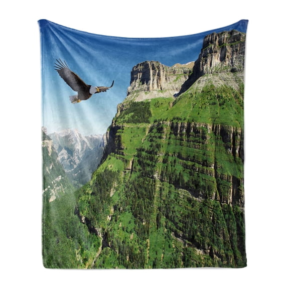 Eagle Soft Flannel Fleece Throw Blanket, Wild Majestic Bird Flying Landscapes Green Mountains Forest Nature Image, Cozy Plush for Indoor and Outdoor Use, 50" x 70", Green Blue Black, by Ambesonne