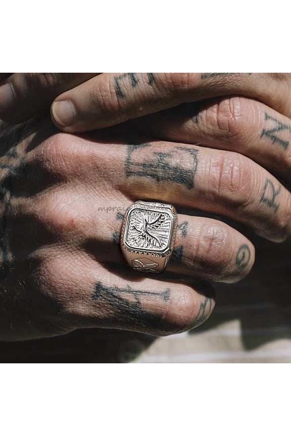 Signet Ring for Men,Winged Eagle Men Jewelry,Wild Bird Ring,14K White Gold Mens Rings, Pinky Signet Rings for Men
