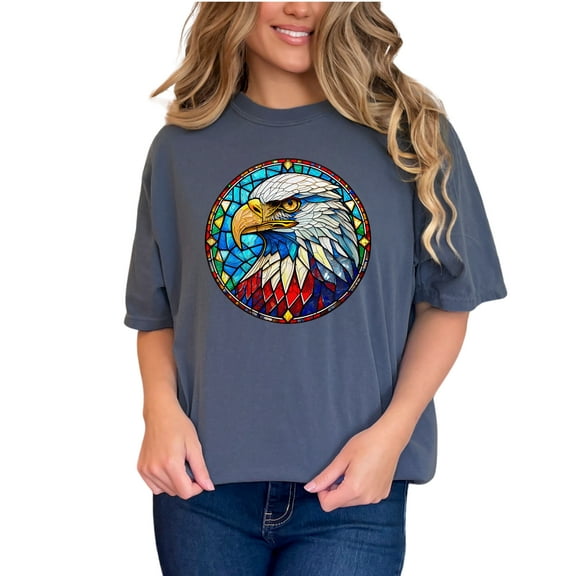 Eagle Stained Glass Art T-Shirt, Patriotic Eagle Shirt, Colorful Eagle Print Tee, Unique Animal T-Shirt, Bold Graphic Design, Denim Comfort Colors T-Shirt, 3XL