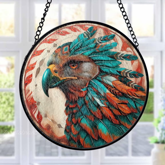 Eagle Stained Glass Suncatcher Metal Outdoor Decor Tribal Art Style Vibrant Multi-color