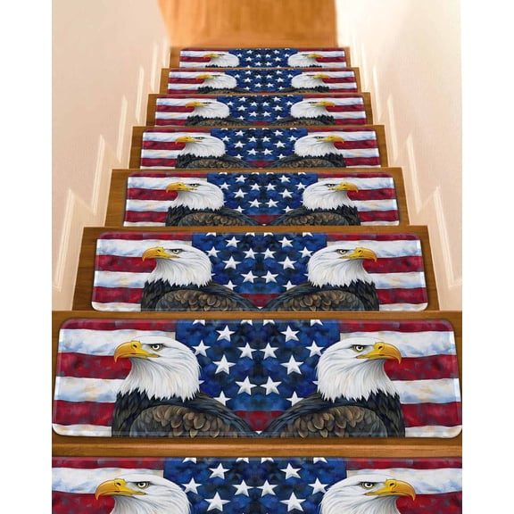 Eagle Stair Treads for Wooden Steps Indoor Runner Rug Carpet, Rustic Independence Day Red Blue Star Striped Flag 7 Pieces Peel and Stick Staircase Step Treads Covers Washable Throw Door Mats, 30"x8"