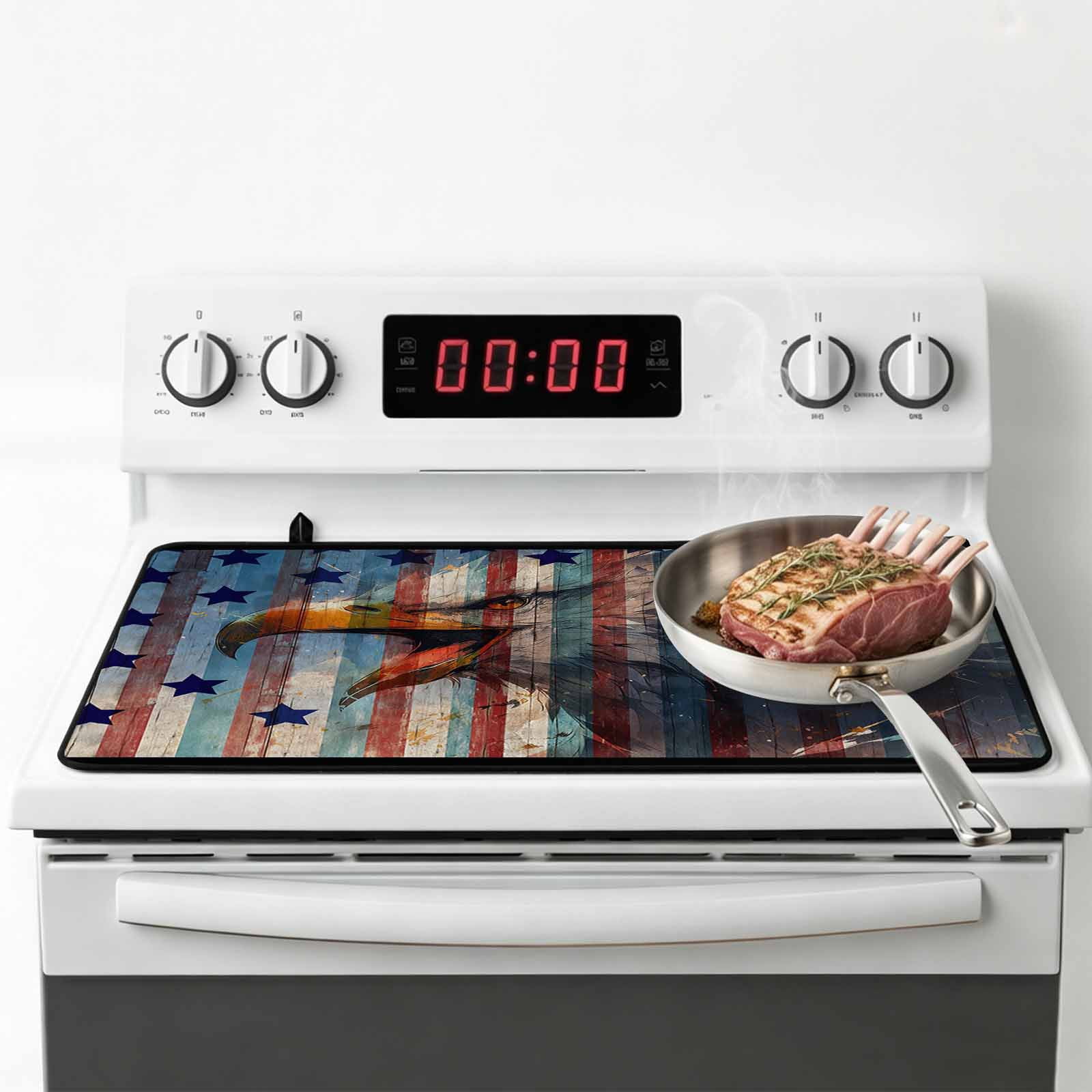 Eagle Stove Top Cover for Electric Stove, Heat-proof & Non Slip Glass Top Stove Cover Protector, American Flag Blue Star Red Blue Striped Vintage Wooden Kitchen Flat Cooktop Rubber Mat 24x21 Inches