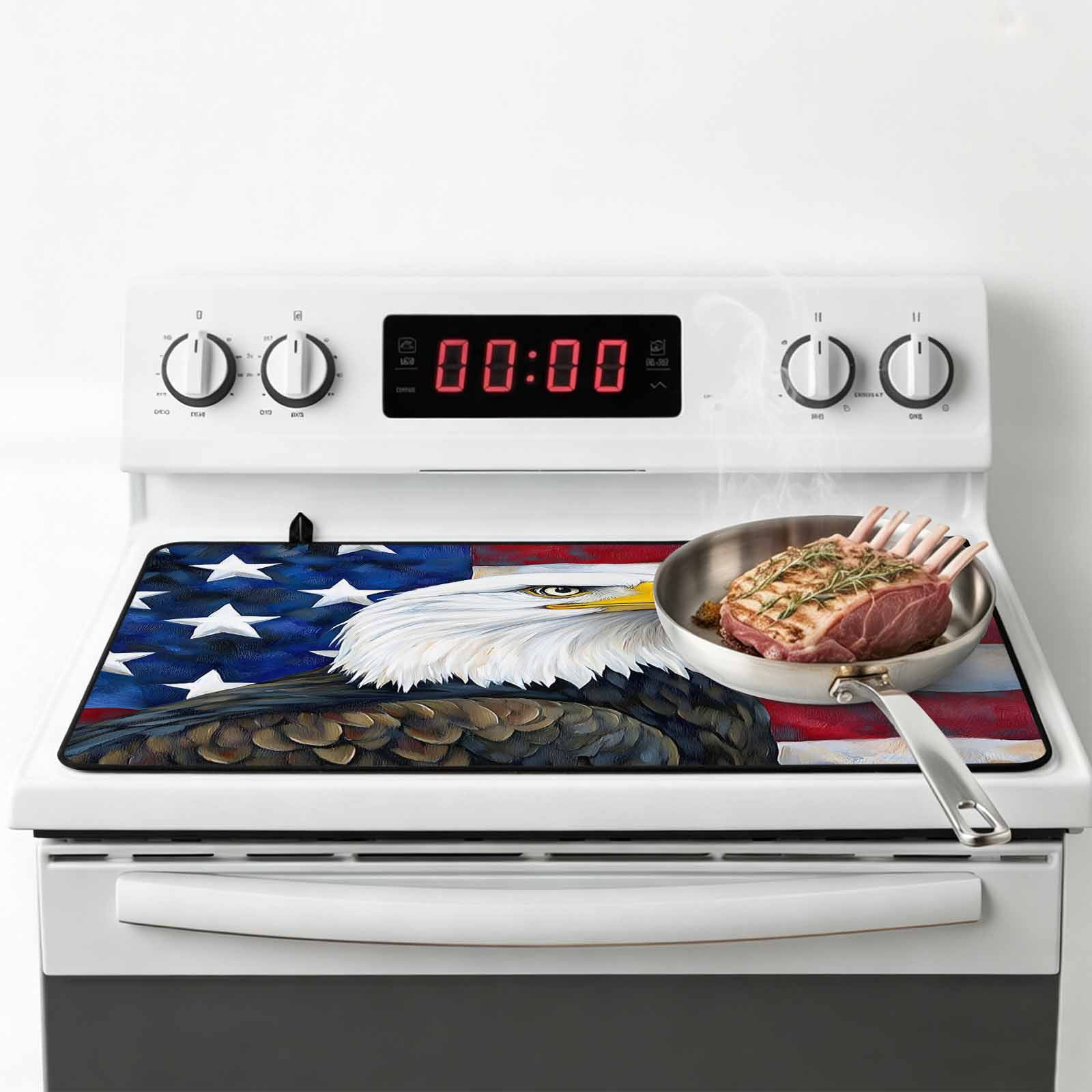 Eagle Stove Top Cover for Electric Stove, Heat-proof & Non Slip Glass Top Stove Cover Protector, Rustic Independence Day Red Blue Star Striped Flag Kitchen Flat Cooktop Rubber Mat 28.5x20.5 Inches