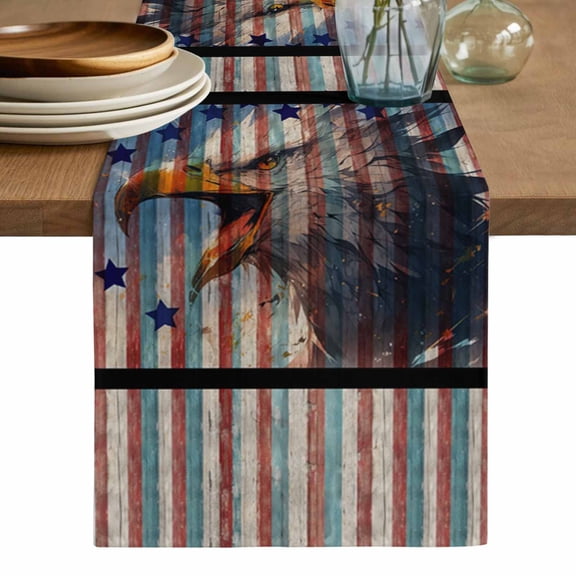 Eagle Table Runner, American Flag Blue Star Red Blue Striped Vintage Wooden Washable Cotton Linen Table Runners 36 Inches Long, Dresser Scarf Runner for Nightstand/End Tables/Round Tables 13''x36''