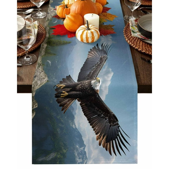 Eagle Table Runner-Cotton Linen- 48 Inch Holiday Dresser Scarves, Forest Mountains Range Sky Animal Natural Landscape Tablerunner for Kitchen Coffee/Dining Living Room Dinner Scarf Décor 13x48