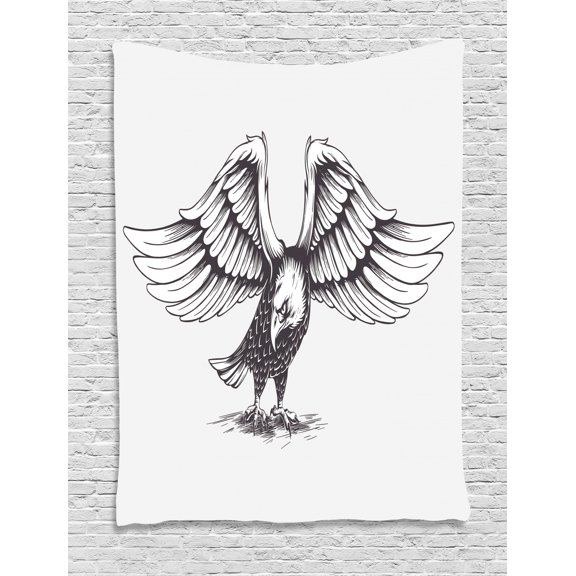 Eagle Tapestry, Detailed Bald Eagle American National Bird Freedom and Democracy Symbol, Wall Hanging for Bedroom Living Room Dorm Decor, 60W X 80L Inches, Pale Grey and Black, by Ambesonne