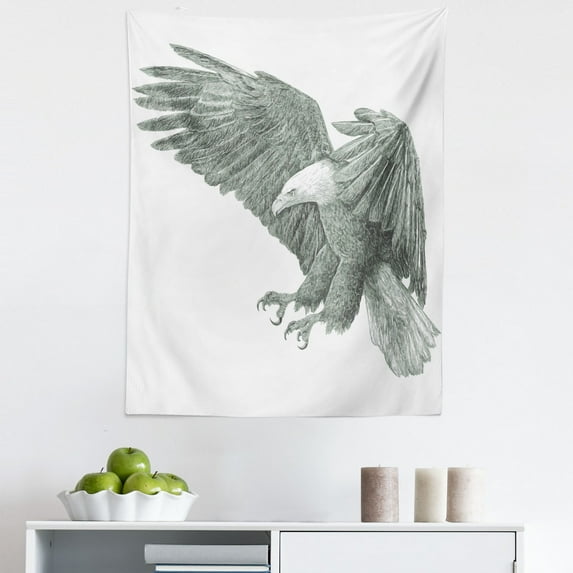 Eagle Tapestry, Monochrome Pencil Drawing Style Bird Detailed Features Wild Nature, Fabric Wall Hanging Decor for Bedroom Living Room Dorm, 5 Sizes, Black Grey White, by Ambesonne