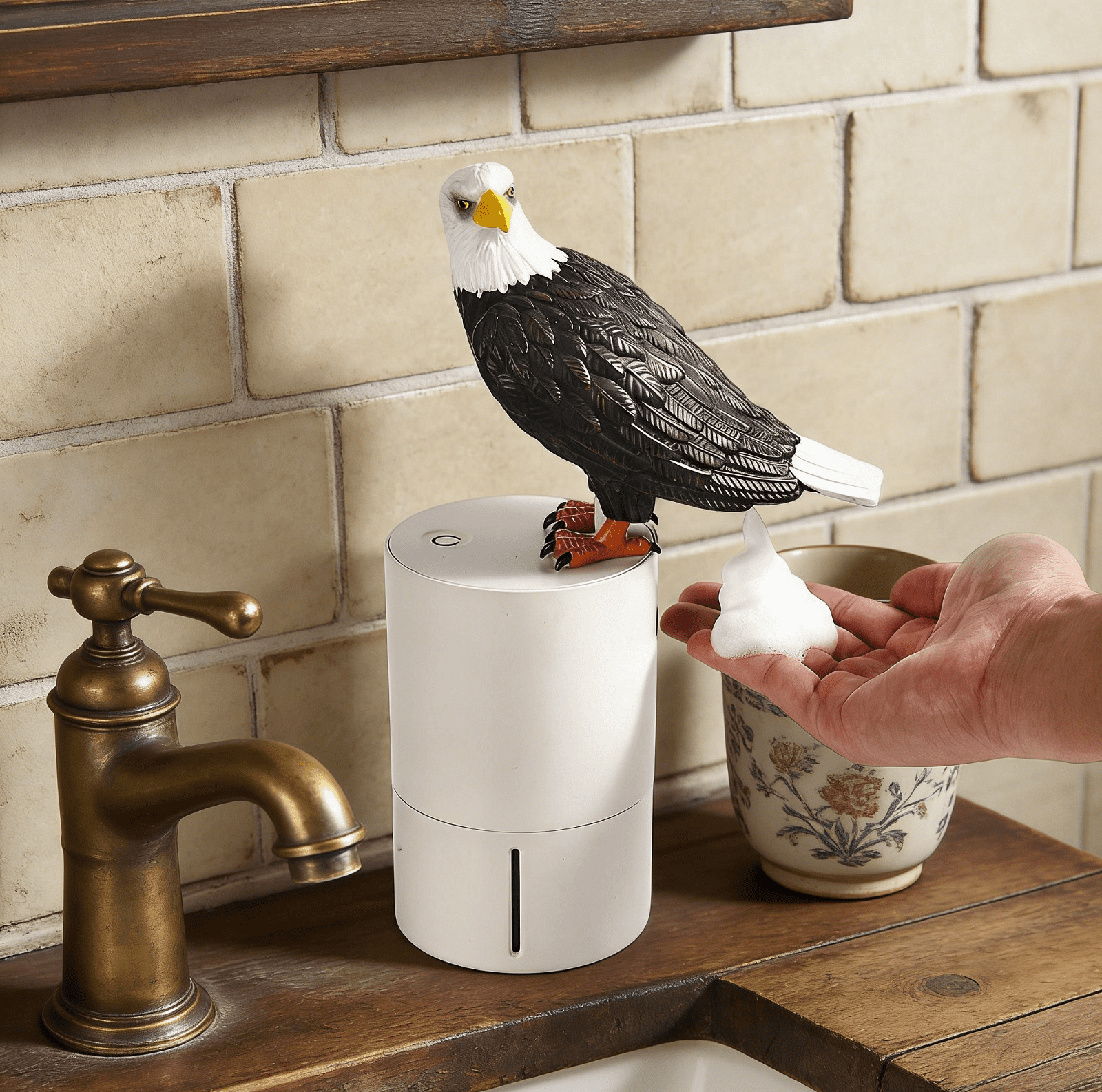 Eagle-Themed Induction Foam Soap Dispenser - Automatic Touchless Hand Wash Dispenser, Waterproof Bathroom & Kitchen Gadget, Soft Foam Soap Dispenser, Festive Home Decor Accessory, 9.2*3.9in, White