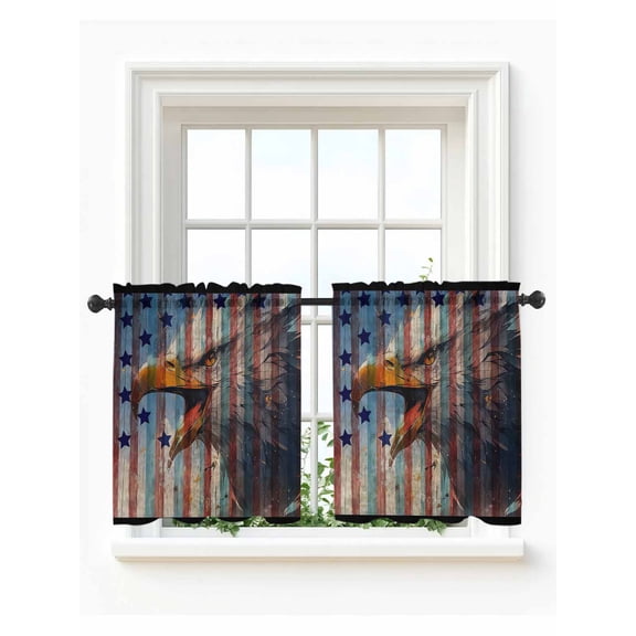 Eagle Tier Curtains 24 Inch Length,Sheer Curtains for Bedroom Living Room Window American Flag Blue Star Red Blue Striped Vintage Wooden Small Kitchen Curtains & Drapes 27.5"x24" 2 Panels