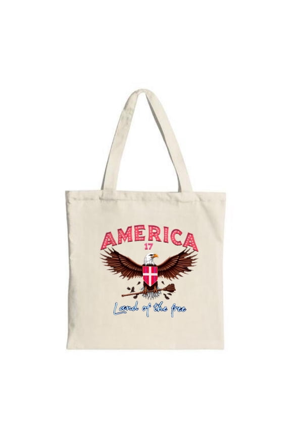 Eagle Tote Bag - Bold Design with Outstretched Wings ' Leads us to the freedom ' in Cursive Beige Canvas