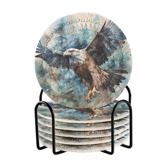 Eagle Trees Painting 6 Pcs Drink Coasters with Holder Absorbent Coasters Woven Coasters for Drinks Table Desk Protection Home Decor