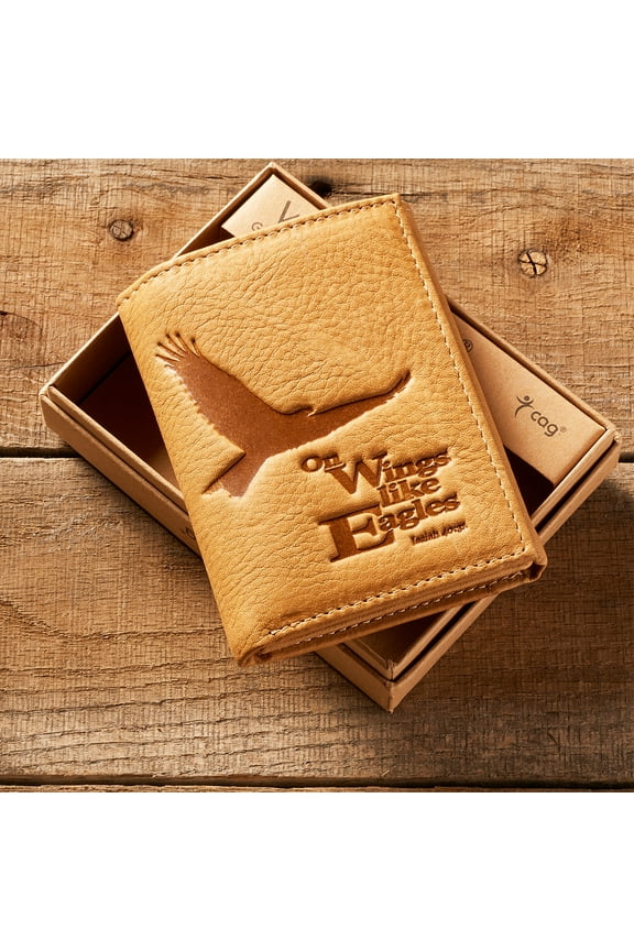 Eagle Tri-Fold in Saddle Tan - Isaiah 40:31 Leather Wallet