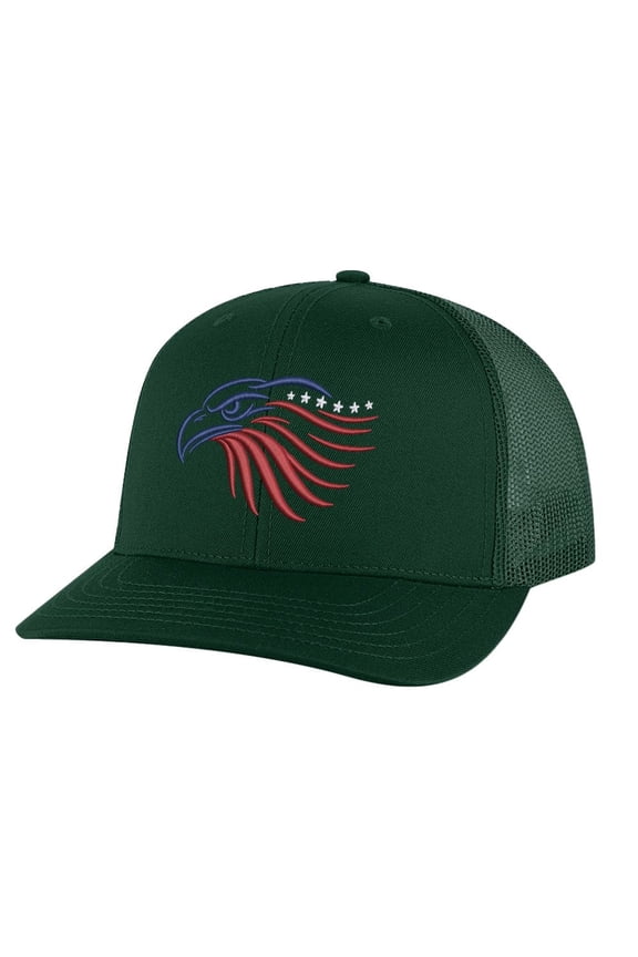 Eagle Trucker Hat - Embroidered Eagle Head in Red, White & Blue, Patriotic Snapback Cap, USA Pride Gift for Men & Women (AlpineGreen)