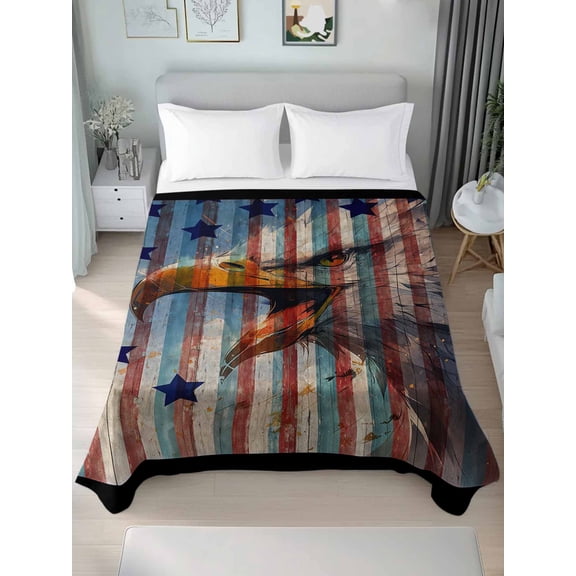 Eagle Twim Size Flat Sheet, Wrinkleproof & Fadeproof Cooling Flat Bed Sheet Only, American Flag Blue Star Red Blue Striped Vintage Wooden Breathable Soft Bedding Top Sheets 66 x 96 Inches