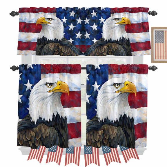 Eagle USA Flag Kitchen Curtains Valances 3 Piece Set, Independence Day Rod Pocket Tier Curtain and Valance Drapes for Small Window 24 Inch Length for Bedroom Cafe