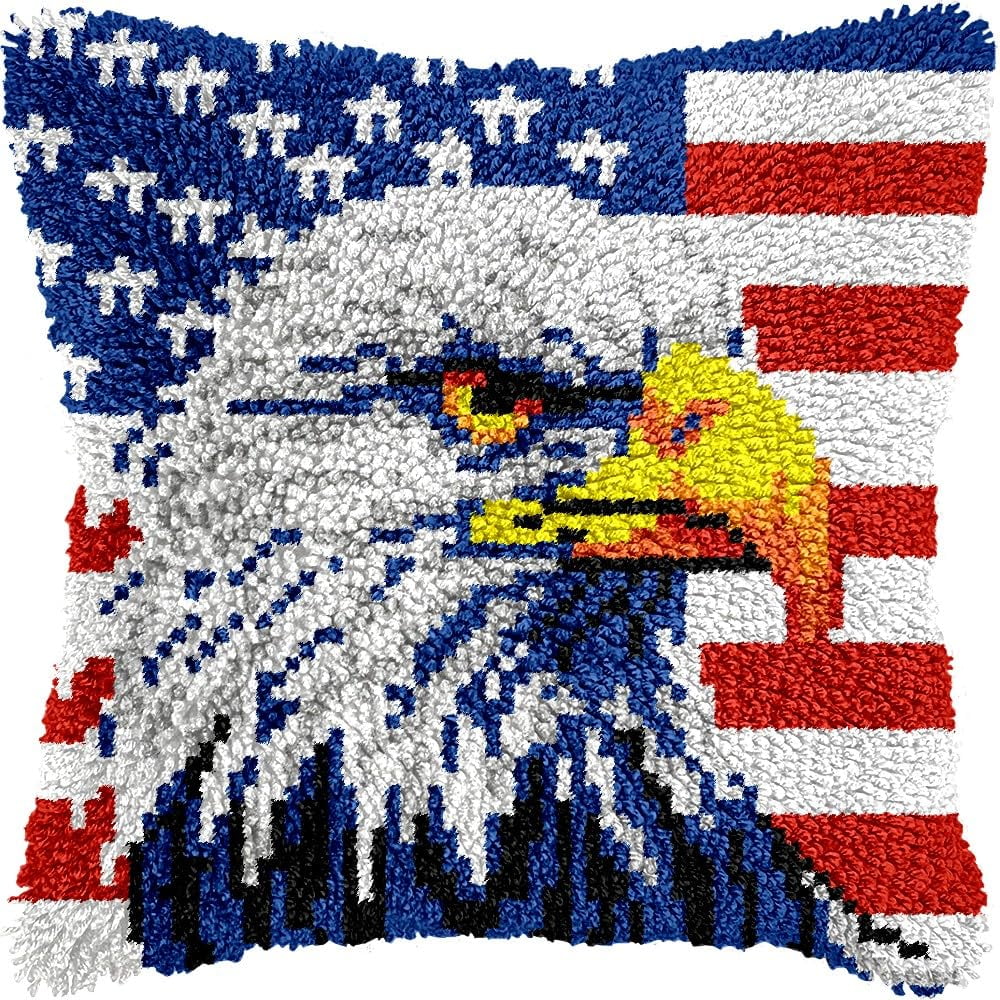 Eagle & USA Flag Latch Hook Pillow Kits for DIY Throw Pillow Cushion Embroidery Latch Hooking Pillowcase Kits with Preprinted Canvas Crochet Yarn Kits for Home Decor 17''X 17''(d135)