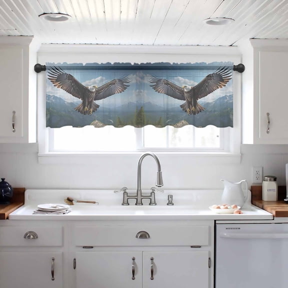 Eagle Valance Curtains for Kitchen/Living Room/Bathroom/Bedroom Window, Forest Mountains Range Sky Animal Natural Landscape Rod Pocket Small Topper Half Short Window Curtains Sheer Scarf 42"x12"