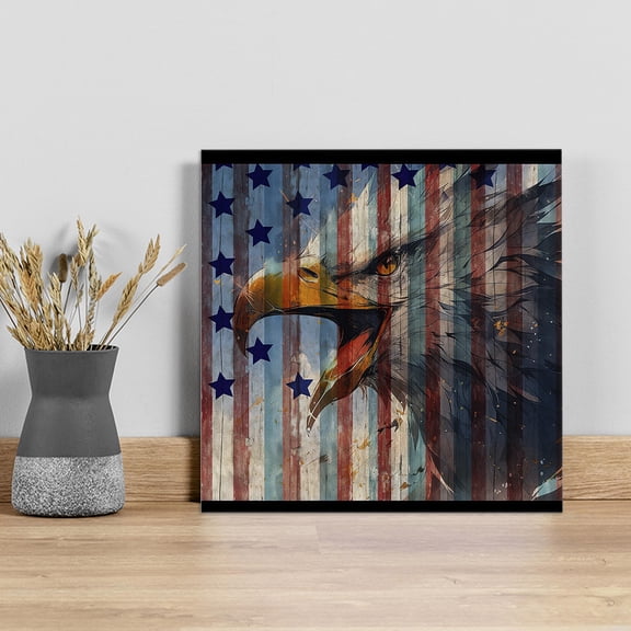 Eagle Wall Art Painting on Canvas, American Flag Blue Star Red Blue Striped Vintage Wooden Canvas Art Home Prints Wall Art Framed Modern Artwork for Living Room Bedroom Wall Decor 8x8in