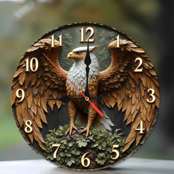 Eagle Wall Clock Decor with Realistic 2D Design 10-Inch Silent Wooden Wall Clock, Battery Operated (AA Batteries Not Included), Artistic Home Decor