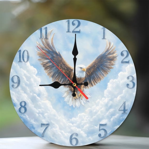 Eagle Wall Clock Flying Bird Clouds Sky Home Decor 10-Inch Silent Wooden Wall Clock, Battery Operated (AA Batteries Not Included), Artistic Home Decor