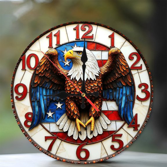 Eagle Wall Clock with American Flag Design 10-Inch Silent Wooden Wall Clock, Battery Operated (AA Batteries Not Included), Artistic Home Decor
