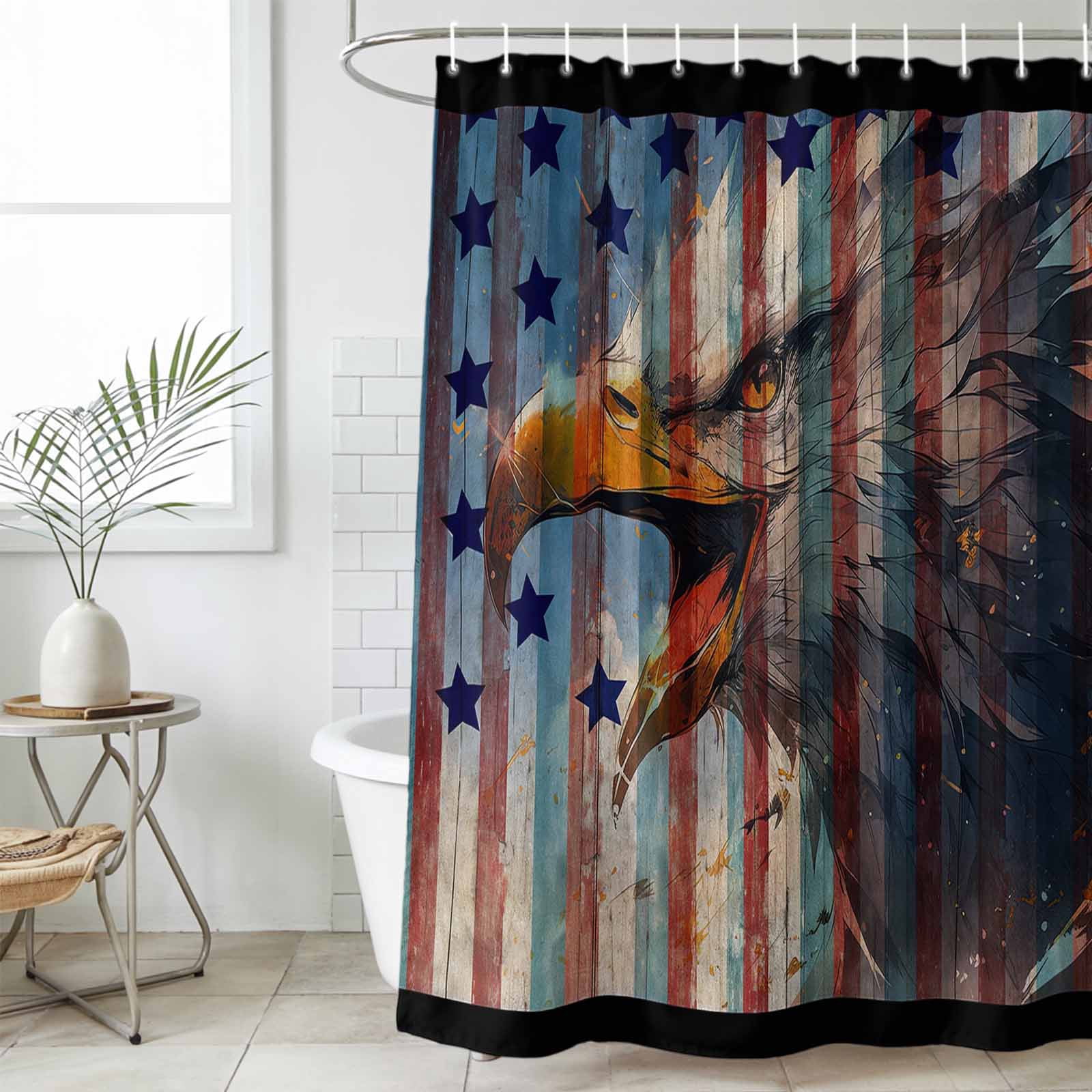 Eagle Waterproof Fabric Shower Curtain,American Flag Blue Star Red Blue