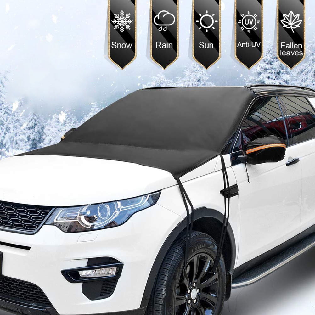 SnowOFF Extra Large Windshield Snow Ice Cover - Fit Any Car SUV Truck Van -  Windproof Straps, Wings, Suction Cups, Magnets - Plus Demist Cloth +