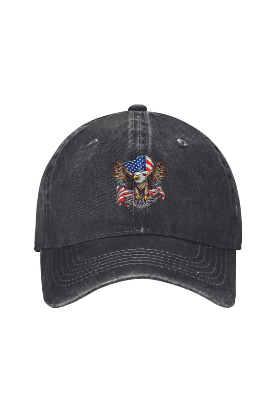Eagle With American Flag Unisex Adult Washed Denim Cotton Sport Outdoor Baseball Cap Adjustable Cowboy Baseball Hat