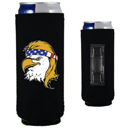 Eagle With Mullet & USA Bandana Magnetic Slim Can Coolie (Black)