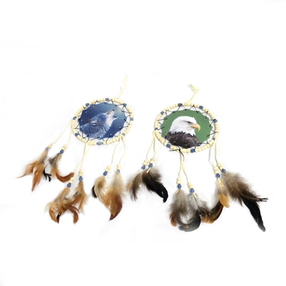 Eagle & Wolf Beaded Dream Catcher with Feathers, Set of 2