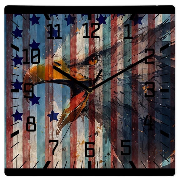 Eagle Wooden Wall Clock Silent Non Ticking, American Flag Blue Star Red Blue Striped Vintage Wooden Square Wall Clocks Battery Operated, Decor Clock for Home Office, Living Room, Kitchen, 12 Inch