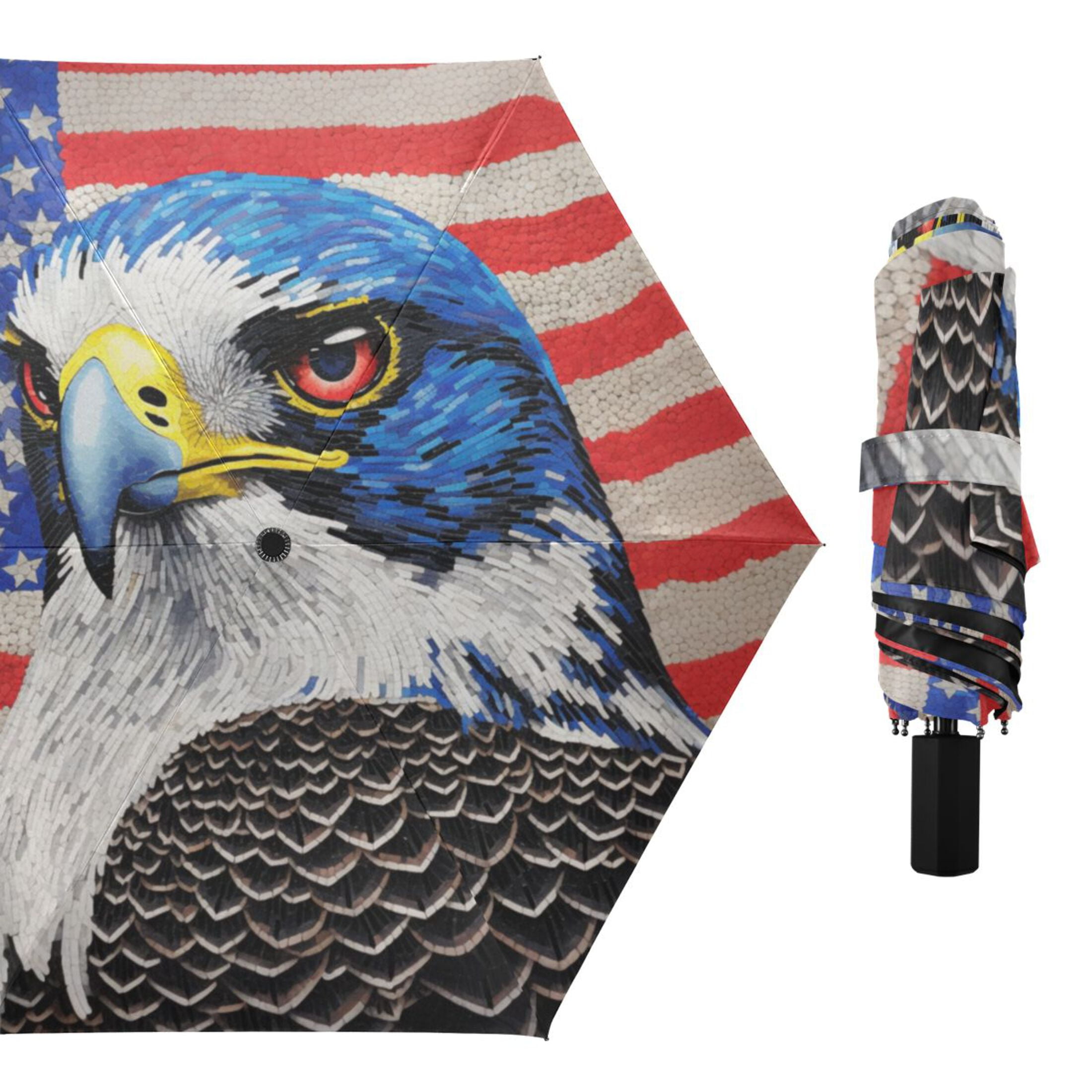 Eagle and American Flag Compact Sun Umbrella Windproof Travel Umbrellas for Rain Strong Portable UV Protection