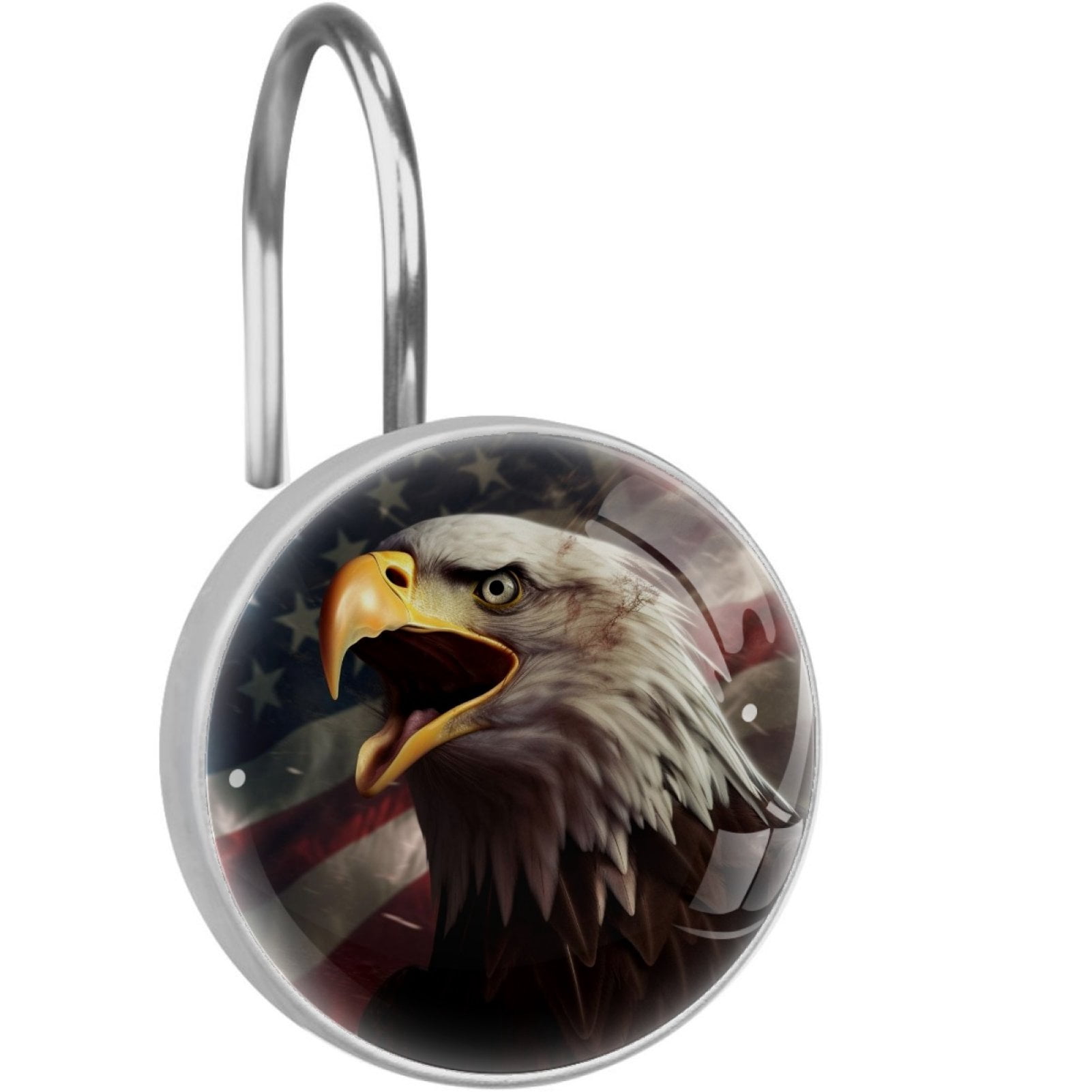 Eagle and American Flag Shower Curtain Hooks （Set of 12） for Home Hotel Shower Rods Bathroom Crystal Glass Print Stainless Steel Round Curtain Hooks