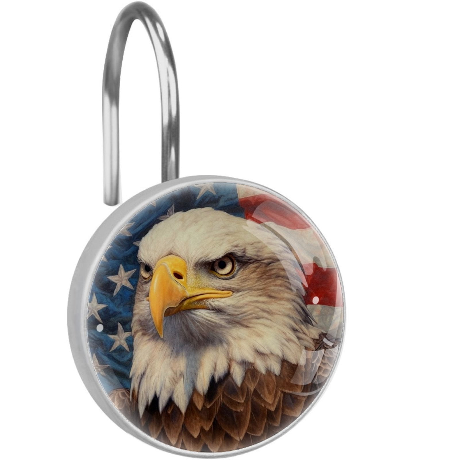 Eagle and American Flag Shower Curtain Hooks （Set of 12） for Home Hotel Shower Rods Bathroom Crystal Glass Print Stainless Steel Round Curtain Hooks