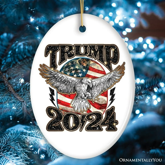 Eagle and US Flag 2024 Retro Art Glitter Ornament