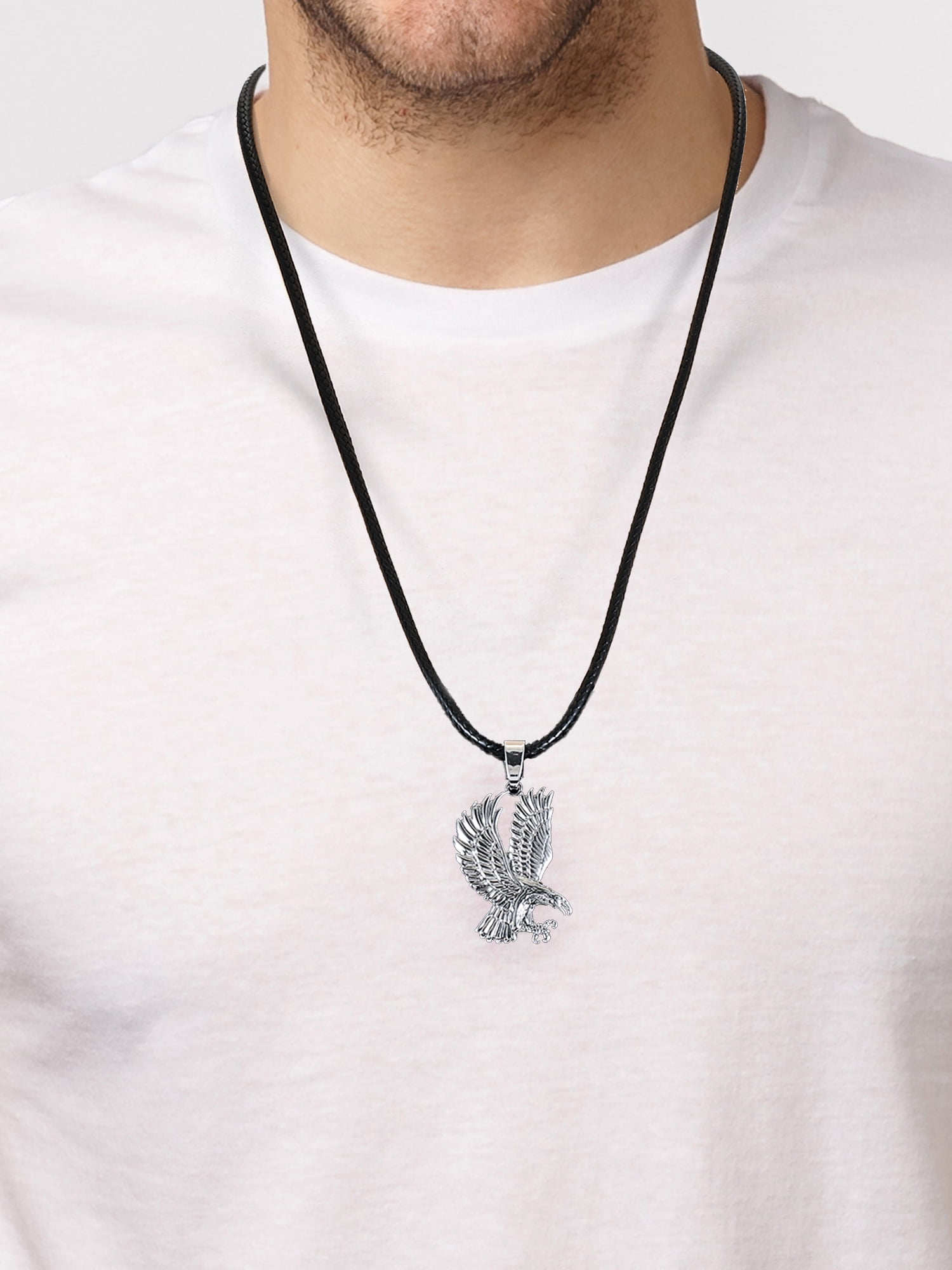 Men's Eagle Pendant Cord Necklace, Black and Silver, 1 Pack